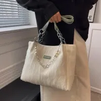 New Trendy Faux Pearl Floral Chained Tote Bag